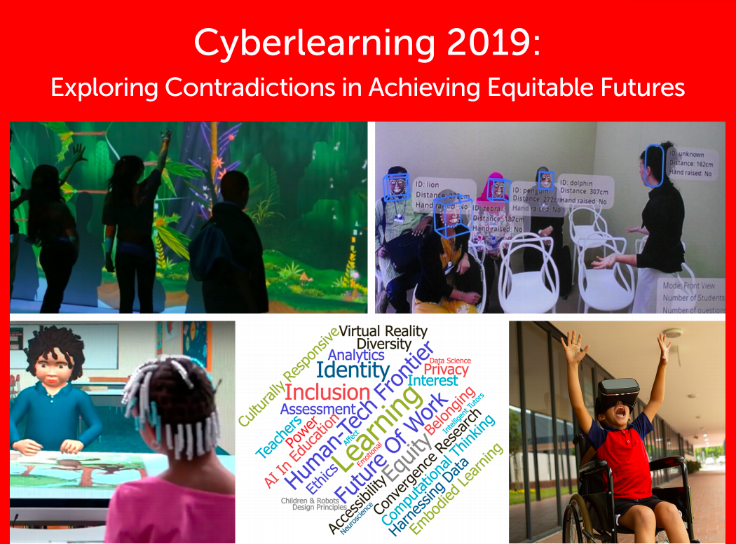 Cover of Cyberlearning 2019 program with a title four images of children and a wordcloud in the center.