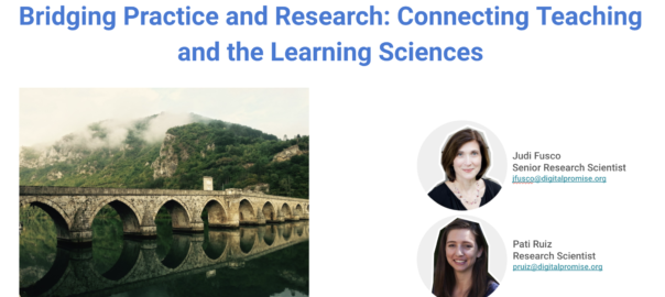 Title slide reads Bridging Practice and Research: Connecting Teaching and the Learning Sciences with two profile pictures and a picture of a bridge